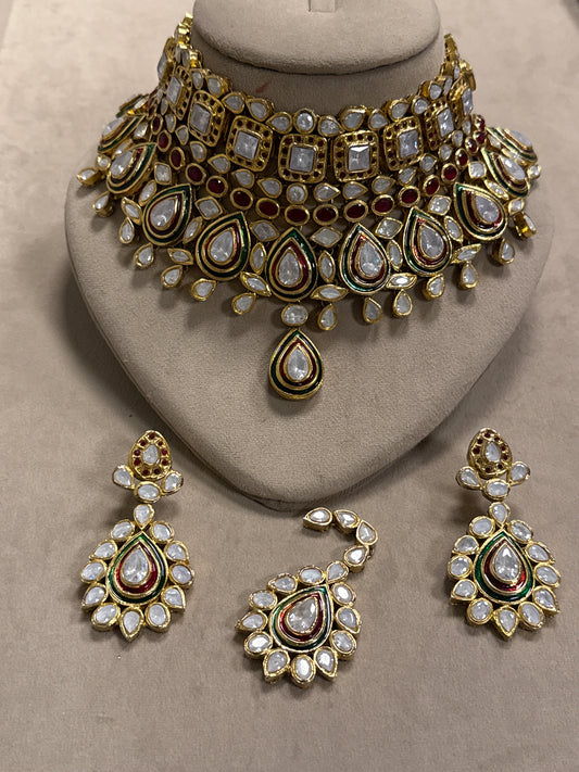 Red Green Meena Gutka Kundan Bridal Set-Bs57