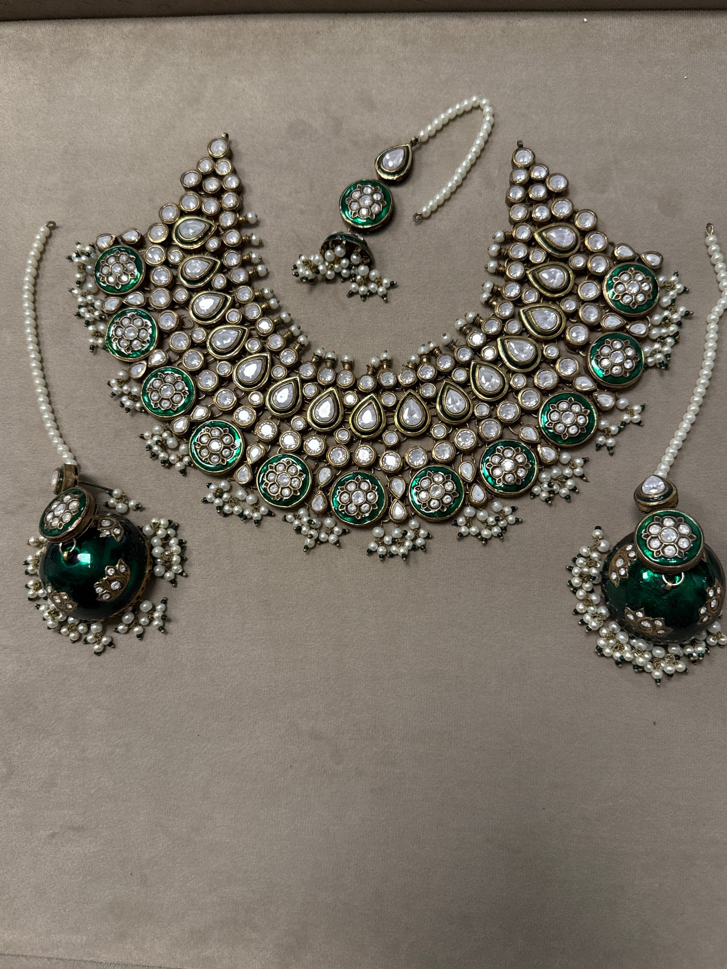 White Zercons with Green Meena Bridal Set-Bs51