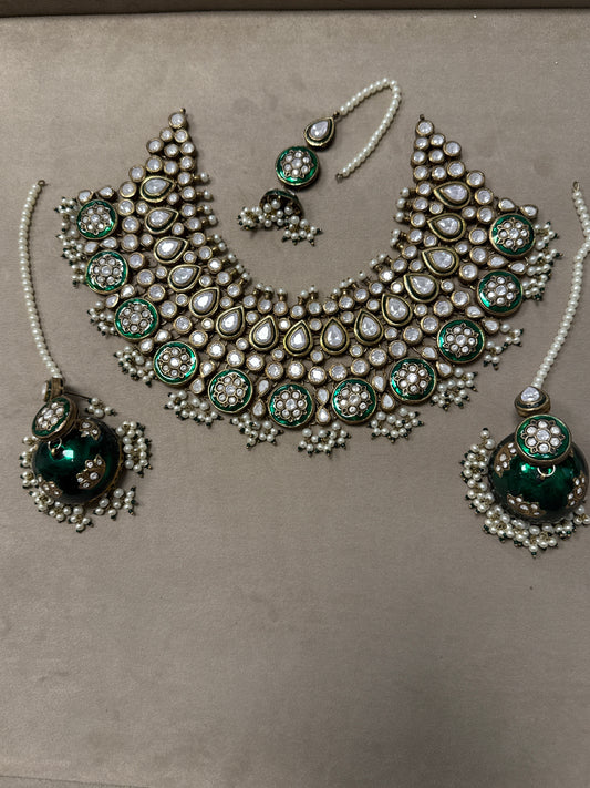 White Zercons with Green Meena Bridal Set-Bs51