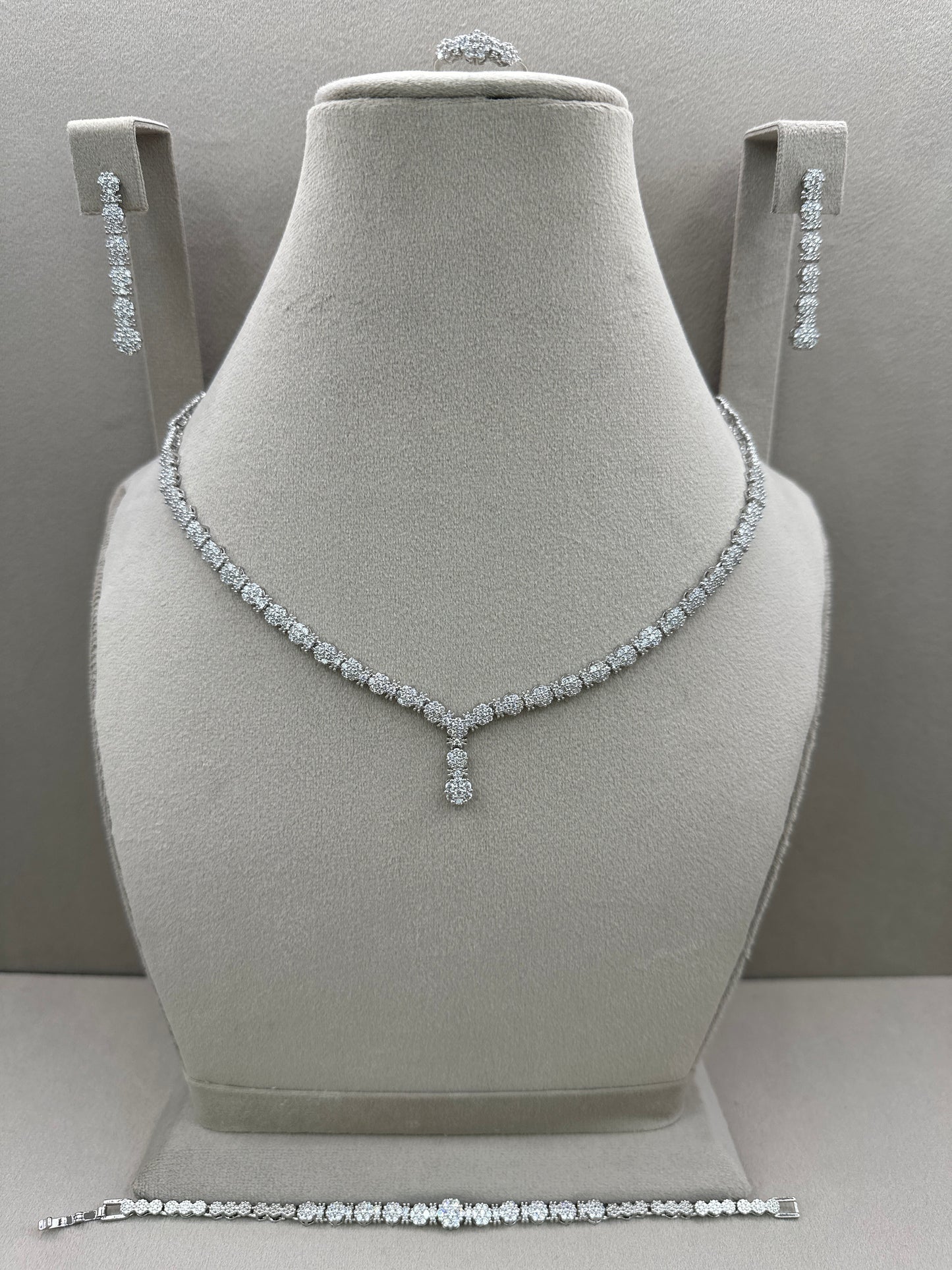 Tennis Zircon Necklace Set-with Bracelet and Ring-Rhodium Plated-Ns2