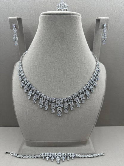 Diamond Necklace Set with Bracelet and Ring-Rhodium Plated-NS3