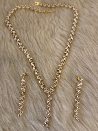Zircon Leaf Necklace set-Rhodium Plated-Ns1