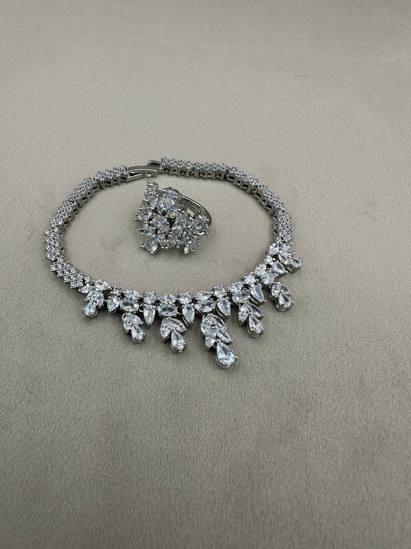 Diamond Necklace Set with Bracelet and Ring-Rhodium Plated-NS3