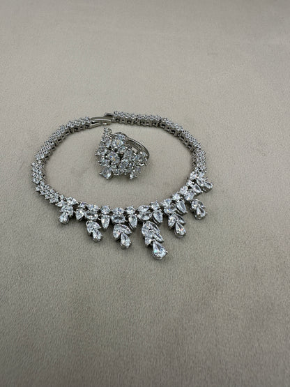 Diamond Necklace Set with Bracelet and Ring-Rhodium Plated-NS3